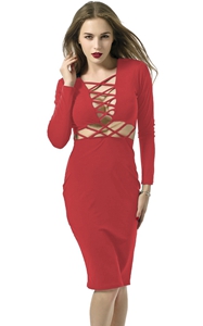 SZ60027-2 Womens Sexy Long Sleeve Stretch Bodycon Party Bandage Dresses